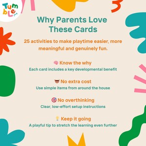 May include: A colorful graphic with the text "Why Parents Love These Cards." The image highlights 25 activities for easier, more meaningful, and fun playtime. It also mentions key developmental benefits, no extra cost, and clear instructions.