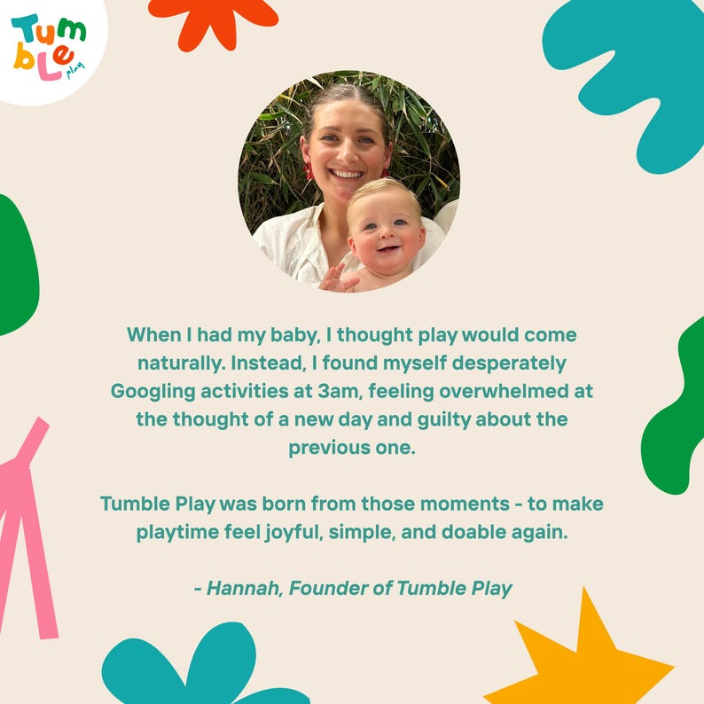 May include: A promotional image for Tumble Play, featuring a woman and a baby in a circular photo. The image includes text about the brand's origin and mission, with colorful abstract shapes in the background. The brand's logo is in the top left corner.