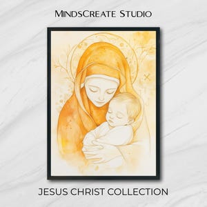 Mother Mary and Baby Jesus Watercolor Print, Christian Wall Art Digital Download, Virgin Mary with Child Sacred Art, Catholic Decor Gift
