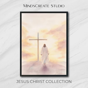 Jesus Christ Digital Wall Art Watercolor Print for Christian Home Decor, Cross Sunset Art for Church Room, Faith-Based Inspirational Artwork