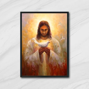 Jesus Christ with Dove Digital Wall Art Christian Peace Painting Printable Religious Decor Spiritual Holy Inspiration