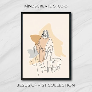 Jesus Shepherd Line Art Print Christian Wall Decor with Sheep, Modern Faith Illustration, Digital Download Art, Minimalist Religious Poster