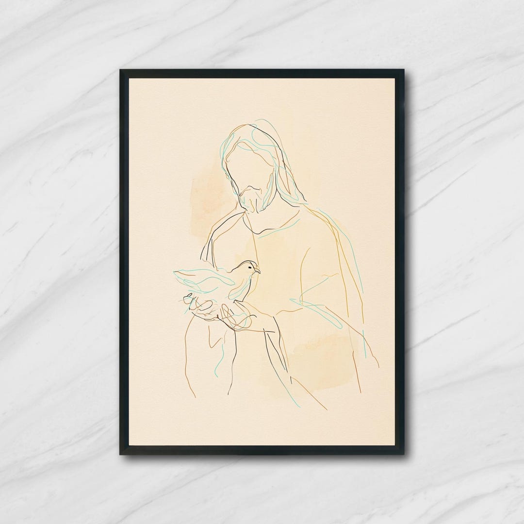 Jesus Christ Minimalist Line Art Print Holding Dove | Christian Digital ...