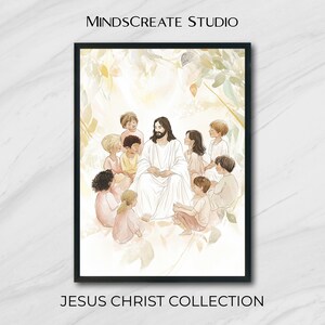 Jesus with Children Printable Wall Art | Christian Faith Digital Download | Bible Inspired Jesus Nursery Decor for Kids Room