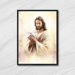 Printable Jesus Holding Dove Wall Art | Christian Digital Download for Peaceful Faith Decor | Holy Spirit Religious Artwork Gift Idea