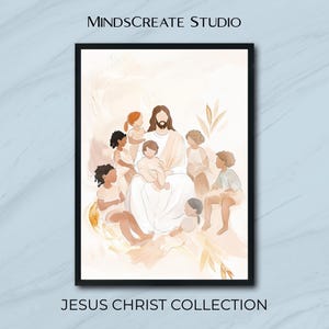 Jesus and Children Digital Wall Art | Christian Nursery Printable | Faith Based Jesus Artwork for Kids Room Home Decor