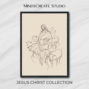 Jesus with Sheep Line Art Christian Printable, Faith Wall Decor Digital Art, Minimal Religious Nursery Poster Download