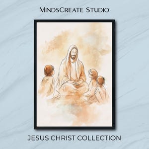 Jesus with Children Printable Wall Art Christian Nursery Decor Religious Artwork for Kids Room Faith Based Bible Illustration