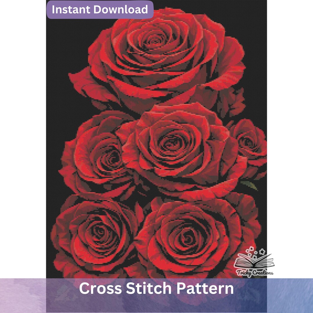 Red Roses Cross Stitch Pattern Dark Floral Full Coverage Embroidery PDF ...
