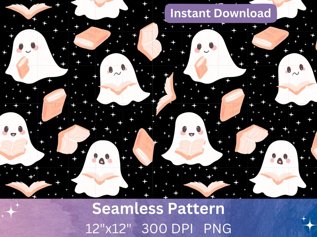 Ghost Book Seamless Pattern Cute Kawaii Ghost Reading Halloween ...