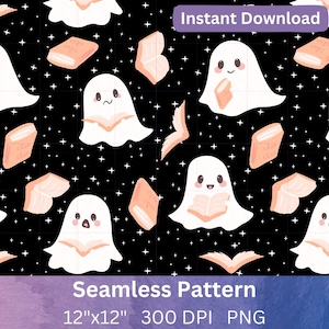 May include: A seamless digital pattern featuring white cartoon ghosts reading peach-coloured books against a black background filled with small white stars. The image includes text that reads Instant Download, Seamless Pattern, 12"x12" 300 DPI PNG.