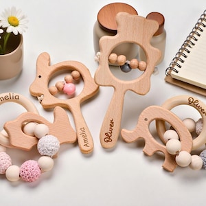 Personalized Wooden Baby Rattle, Custom Engraved Name Rattle, Animal Rattle With Bells, Baby Grasping Toy, Baby Shower Gift, Newborn Gift