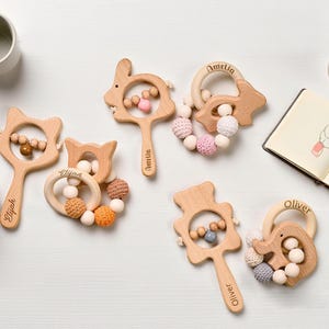 Personalized Wooden Baby Rattle, Custom Engraved Name Rattle, Animal Rattle With Bells, Baby Grasping Toy, Baby Shower Gift, Newborn Gift
