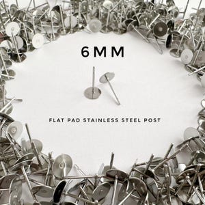 Stainless Steel Earring Posts, 6mm Flat Pad Studs, 304 Non-Tarnish Glue-On Findings, DIY Jewelry Supplies, USA Shipping, No Import Fees