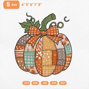 Patchwork Pumpkin Embroidery Design – Fall Bow Pumpkin Pattern, Rustic Autumn Machine Embroidery File, Thanksgiving Stitch, Digital Download