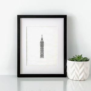 Big Ben Wall Art | Tour Elizabeth | Art mural de Londres | Dessin de ligne | 8x10 Art mural | Noir et blanc | Art mural minimaliste