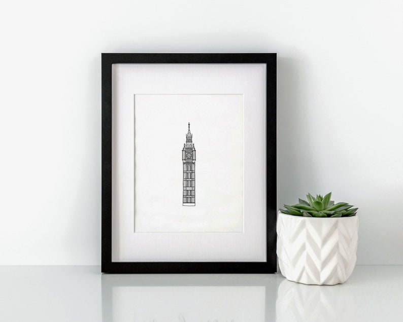 Big Ben Wall Art Elizabeth Tower London Wall Art Line Drawing 8x10 Wall Art Black and White Minimalist Wall Art image 1