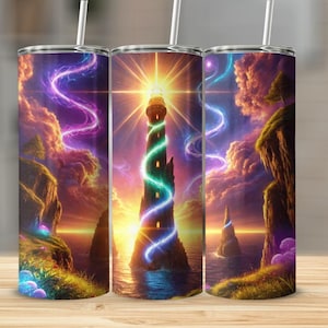 Fantasy Lighthouse Tumbler Wrap: Enchanted Sunset Sublimation Design (PNG Digital Download)
