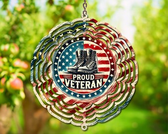 May include: A round, layered wooden ornament with a patriotic theme. The design features a central emblem with combat boots, the text "PROUD VETERAN," and a background of the American flag. The outer layers have a scalloped edge.