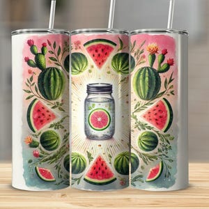 Watermelon Cactus Tumbler PNG – 2790x2460px Digital Download for Sublimation | Summer Mason Jar Design for Tumblers