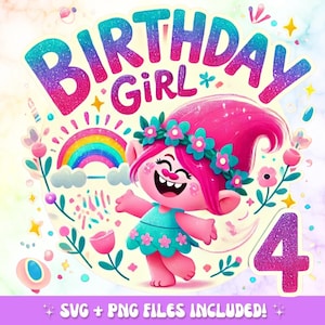 Trolls 4th Birthday Girl PNG: Pink Troll, Rainbow, Glitter (Digital Download)