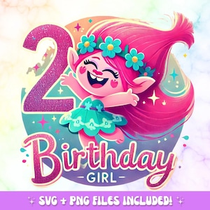 Trolls 2nd Birthday Girl PNG: Pink Glitter Party Decoration (Digital Download