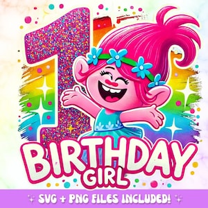 Trolls 1st Birthday Girl PNG: Rainbow Glitter, Pink Hair (Digital Download 1024x1024px)