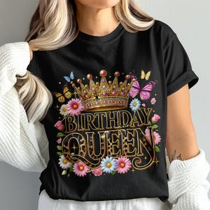“Birthday Queen PNG design featuring a gold crown, leopard print text, colorful flowers, and butterflies — ideal for sublimation on t-shirts, mugs, and more.”