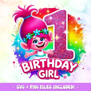 Trolls 1st Birthday Girl PNG: Rainbow Glitter, Pink Hair (Digital Download 1024x1024px)