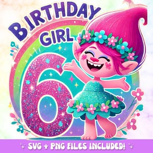 Trolls 6th Birthday PNG: Pink Glitter, Rainbow - Digital Download