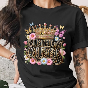 “Birthday Queen PNG design featuring a gold crown, leopard print text, colorful flowers, and butterflies — ideal for sublimation on t-shirts, mugs, and more.”