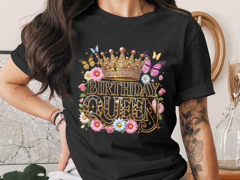 “Birthday Queen PNG design featuring a gold crown, leopard print text, colorful flowers, and butterflies — ideal for sublimation on t-shirts, mugs, and more.”