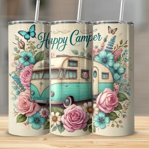 Happy Camper Tumbler Sublimation Design: Retro Floral Van Wrap (Digital Download PNG)