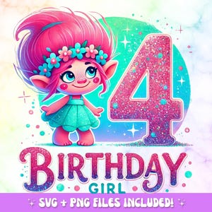 Trolls 4th Birthday PNG: Pink Hair Troll Clipart (Digital Download