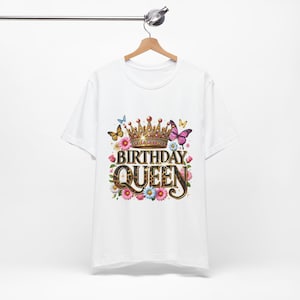 “Birthday Queen PNG design featuring a gold crown, leopard print text, colorful flowers, and butterflies — ideal for sublimation on t-shirts, mugs, and more.”