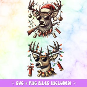 May include: Digital illustration of two deer heads wearing sunglasses and Christmas lights. One deer wears a Santa hat and holds a rifle. Both deer have ammunition around their necks. Text at the bottom reads "SVG + PNG FILES INCLUDED!"
