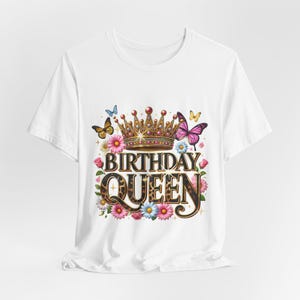 “Birthday Queen PNG design featuring a gold crown, leopard print text, colorful flowers, and butterflies — ideal for sublimation on t-shirts, mugs, and more.”