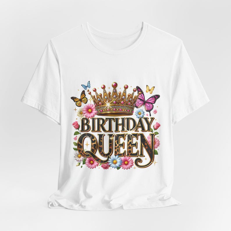 “Birthday Queen PNG design featuring a gold crown, leopard print text, colorful flowers, and butterflies — ideal for sublimation on t-shirts, mugs, and more.”