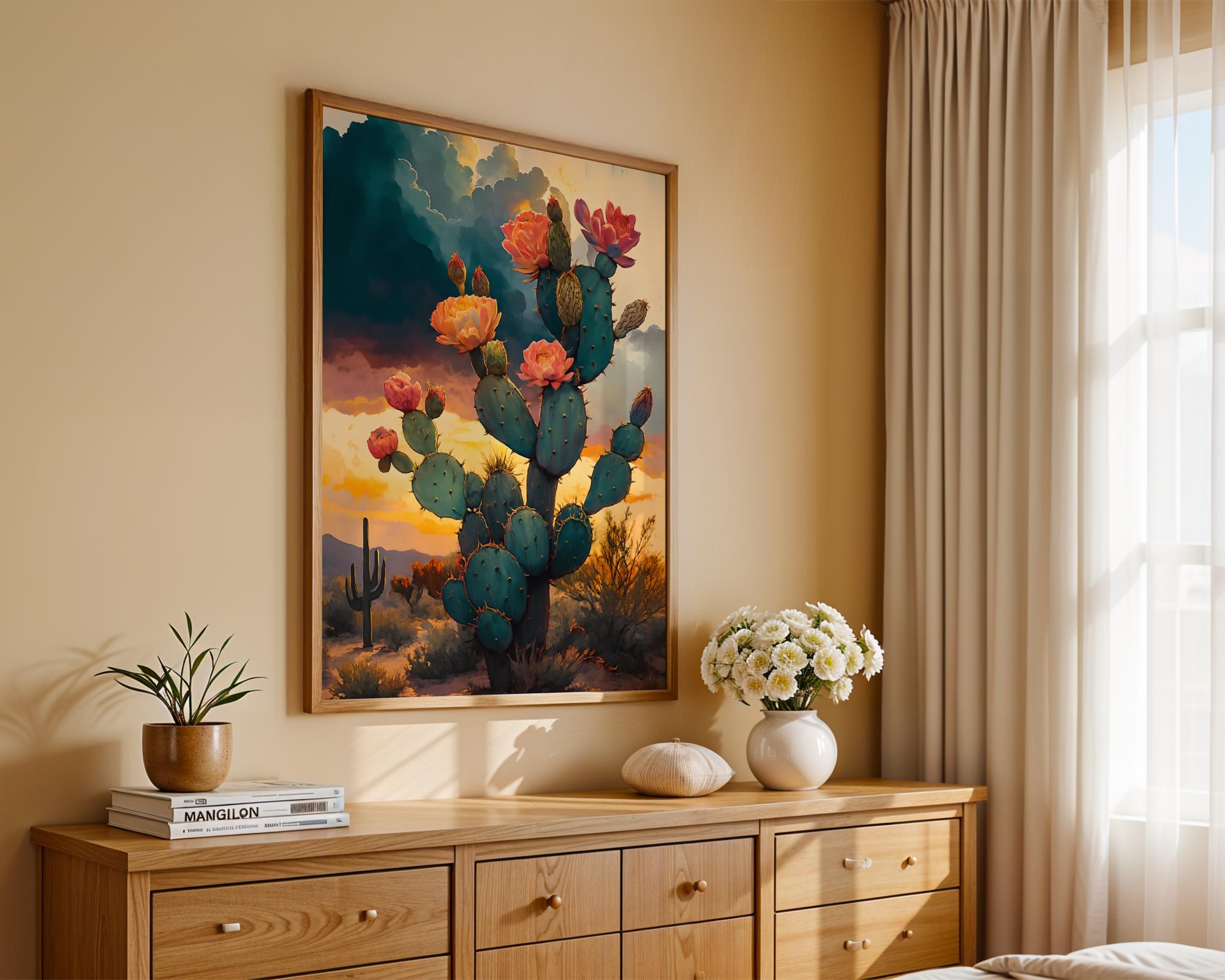 Cactus Sunset Desert Poster – Vibrant Floral Western Wall Art – Boho ...