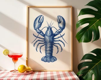 Lobster Vintage Print – Blue Ink Coastal Art – Nautical Digital Poster Download
