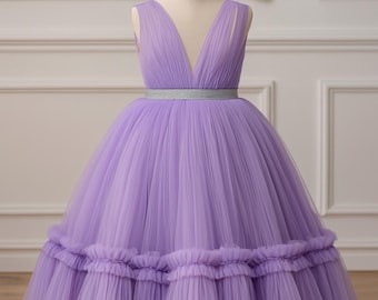 Abito da bambina con fiori in tulle lilla e viola, abito da principessa color lavanda, abito tutù con scollo a V per bambini, abito per feste di compleanno, abito per servizi fotografici per bambine
