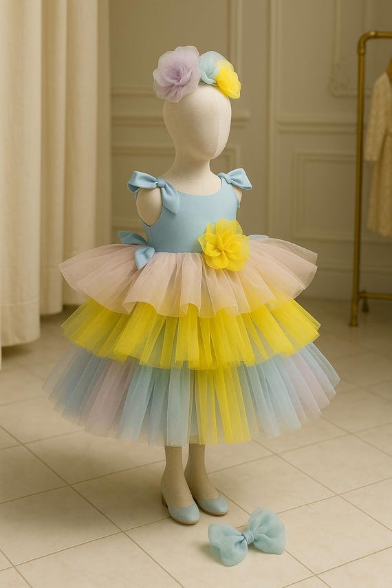 Pastel Rainbow Tulle Baby Girl Dress | Fairy Birthday Frock | Toddler Party Gown | 1st Birthday Outfit |