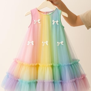 Pastell Regenbogen Baby Mädchen Kleid zum Geburtstag | Ärmelloses Rüschen Tüll Kleid | Prinzessinnen Kleid für Fotoshooting zum 1 Geburtstag | Baby Mädchen Outfit