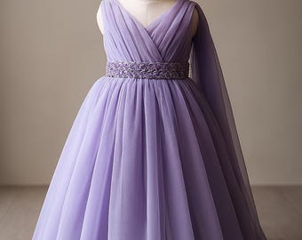 Lilac Tulle Flower Girl Dress with Cape | Lavender Princess Toddler Birthday Outfit | V-Neck Girls Photoshoot Gown | Fancy Kids Formal Gown