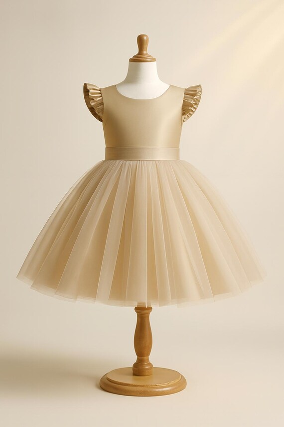 Champagne Flower Girl Dress, Tulle & Satin Junior Bridesmaid Dress, Gold  Toddler Pageant Dress, Ruffled Cap Sleeve First Communion Dress - Etsy