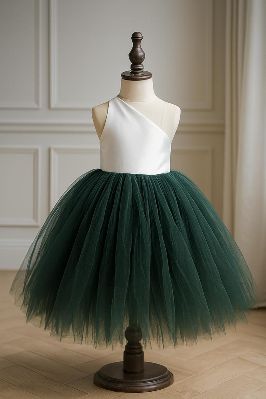 forest green tulle dress Flower Girl With White Satin One Shoulder Bodice women's flattering outfit