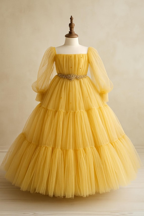 Golden Tulle Gown, Princess Ball Gown With Beaded Belt, Puffy Long Sleeve Prom Dress, Custom First Birthday Outfit, Photo Shoot Outfit - Etsy Golden Tulle Gown, Princess Ball Gown With Beaded Belt, Puffy Long Sleeve Prom Dress, Custom First Birthday Outfit, Photo Shoot Outfit - Etsy