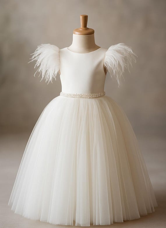 Luxury White Feather Style Flower Girl Dress | Ostrich Feather Cap Sleeves | Tulle Satin First Communion Gown |