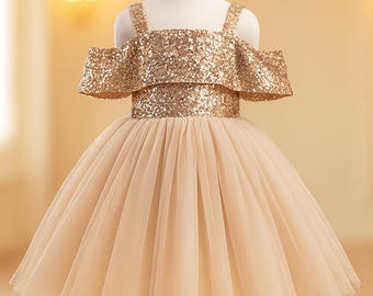 green emerald velvet dress Luxurious Baby Girl Dress Children Pageant Gold Sequin Birthday Princess Dress, Gold / 9-10 Years (150cm)
