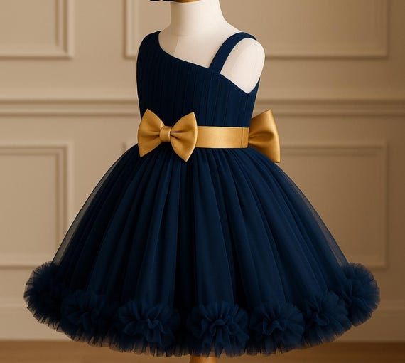 Navy Blue Baby Girls Party Dress With Gold Bow | One Shoulder Tulle Flower  Baby Girl Dress | Elegant Toddler Birthday Outfit | - Etsy